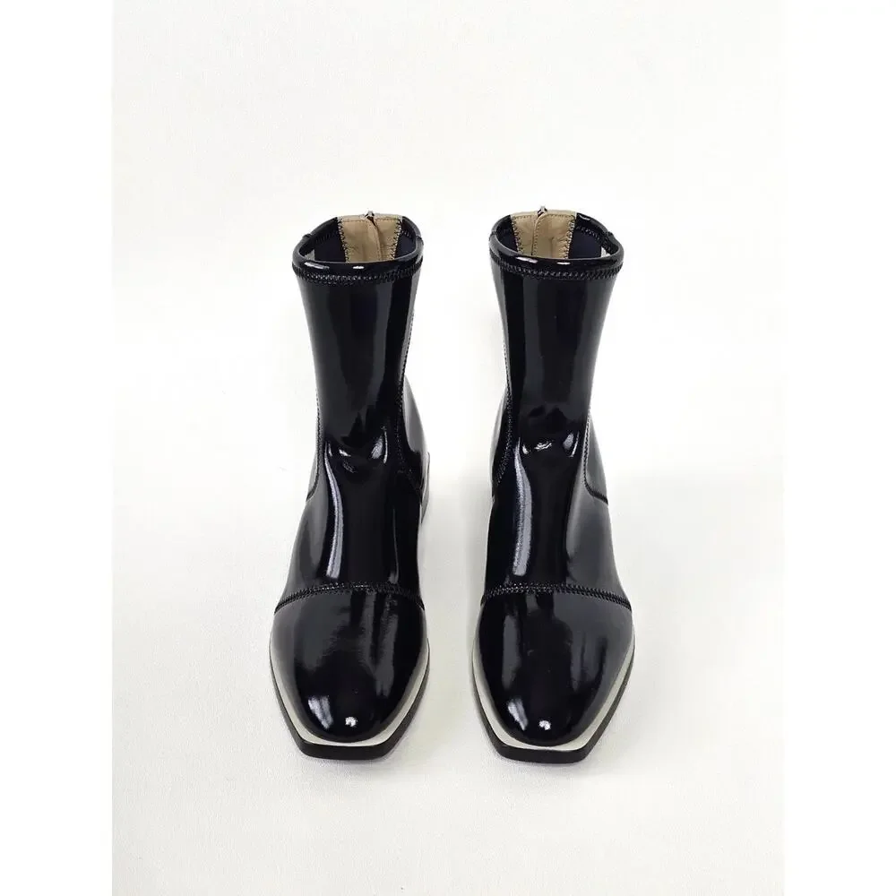 Fendi Glossy Neoprene F-Frame Ankle Boots Black 39.5 US 9.5 Square Toe